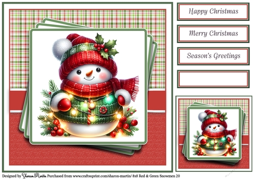8x8 Red & Green Snowmen 20 Card Front, Gift Tag & Sentiments 