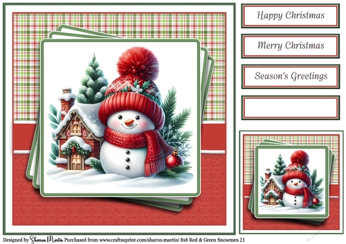 8x8 Red & Green Snowmen 21 Card Front, Gift Tag & Sentiments 