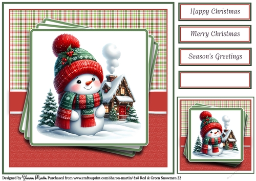8x8 Red & Green Snowmen 22 Card Front, Gift Tag & Sentiments 