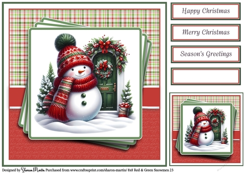 8x8 Red & Green Snowmen 23 Card Front, Gift Tag & Sentiments 