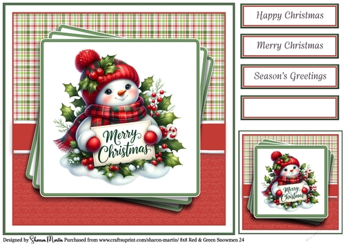 8x8 Red & Green Snowmen 24 Card Front, Gift Tag & Sentiments 