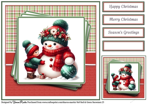 8x8 Red & Green Snowmen 25 Card Front, Gift Tag & Sentiments 