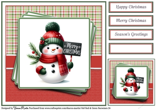 8x8 Red & Green Snowmen 26 Card Front, Gift Tag & Sentiments 