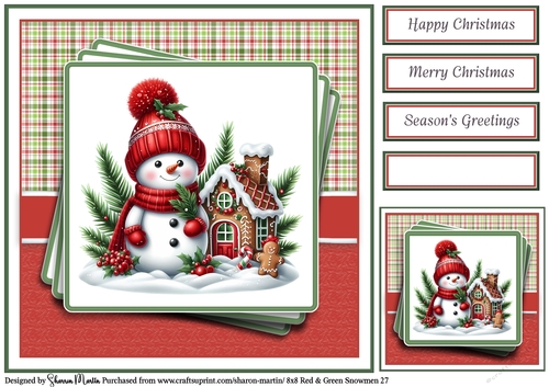 8x8 Red & Green Snowmen 27 Card Front, Gift Tag & Sentiments 