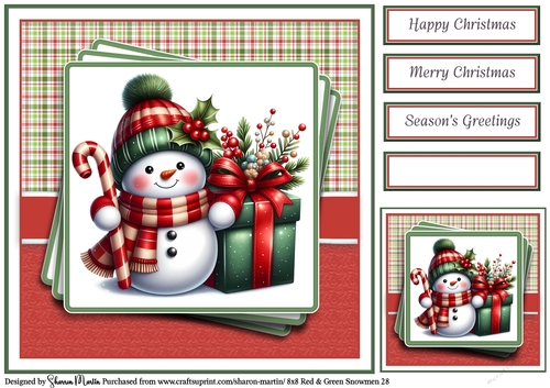 8x8 Red & Green Snowmen 28 Card Front, Gift Tag & Sentiments 
