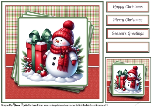 8x8 Red & Green Snowmen 29 Card Front, Gift Tag & Sentiments 