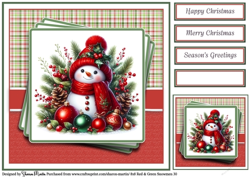 8x8 Red & Green Snowmen 30 Card Front, Gift Tag & Sentiments 