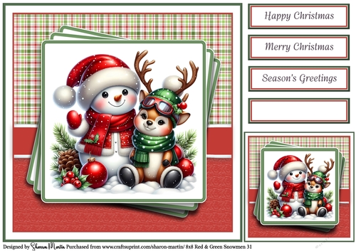 8x8 Red & Green Snowmen 31 Card Front, Gift Tag & Sentiments 