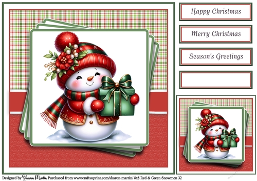 8x8 Red & Green Snowmen 32 Card Front, Gift Tag & Sentiments 