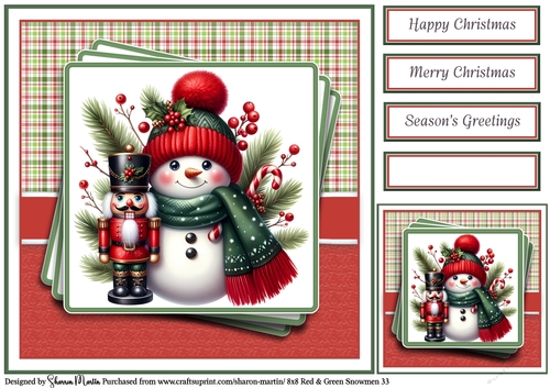 8x8 Red & Green Snowmen 33 Card Front, Gift Tag & Sentiments 