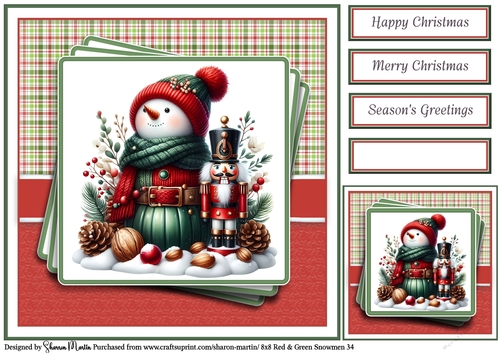 8x8 Red & Green Snowmen 34 Card Front, Gift Tag & Sentiments 