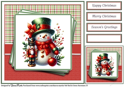 8x8 Red & Green Snowmen 35 Card Front, Gift Tag & Sentiments 