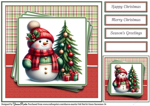 8x8 Red & Green Snowmen 36 Card Front, Gift Tag & Sentiments 