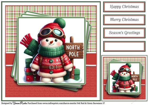 8x8 Red & Green Snowmen 37 Card Front, Gift Tag & Sentiments 