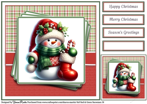 8x8 Red & Green Snowmen 38 Card Front, Gift Tag & Sentiments 
