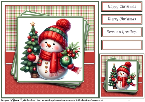 8x8 Red & Green Snowmen 39 Card Front, Gift Tag & Sentiments 