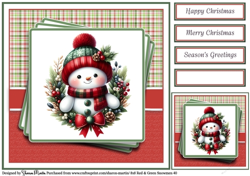 8x8 Red & Green Snowmen 40 Card Front, Gift Tag & Sentiments 