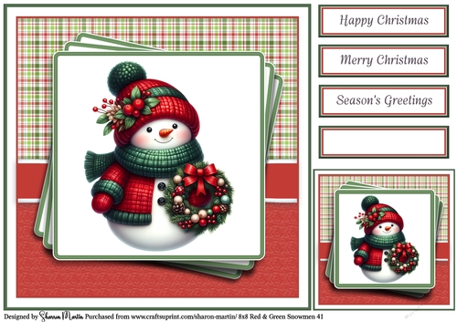 8x8 Red & Green Snowmen 41 Card Front, Gift Tag & Sentiments 