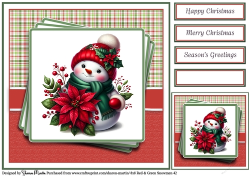 8x8 Red & Green Snowmen 42 Card Front, Gift Tag & Sentiments 