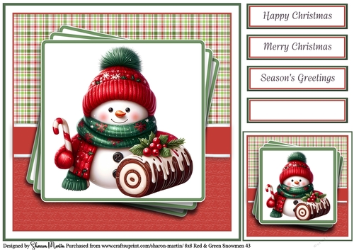 8x8 Red & Green Snowmen 43 Card Front, Gift Tag & Sentiments 