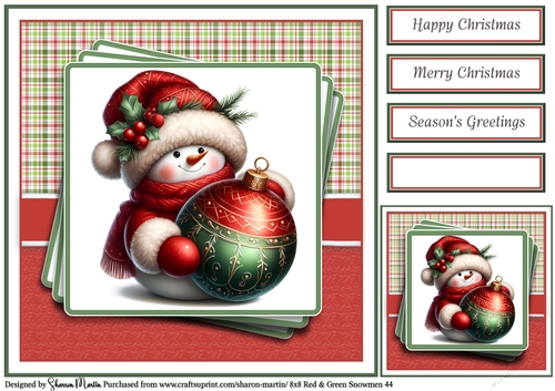 8x8 Red & Green Snowmen 44 Card Front, Gift Tag & Sentiments 
