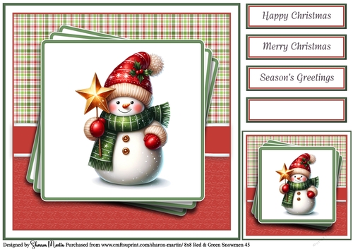 8x8 Red & Green Snowmen 45 Card Front, Gift Tag & Sentiments 