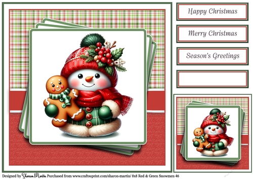 8x8 Red & Green Snowmen 46 Card Front, Gift Tag & Sentiments 