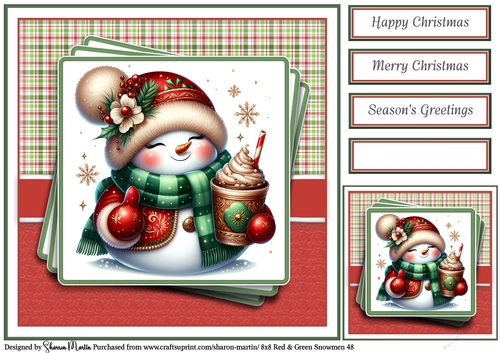 8x8 Red & Green Snowmen 48 Card Front, Gift Tag & Sentiments 