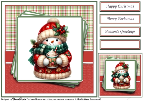 8x8 Red & Green Snowmen 49 Card Front, Gift Tag & Sentiments 