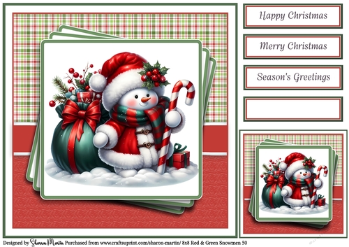 8x8 Red & Green Snowmen 50 Card Front, Gift Tag & Sentiments 