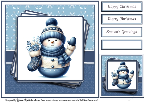 8x8 Blue Snowmen 2 Card Front, Gift Tag & Sentiments 