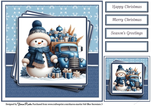 8x8 Blue Snowmen 3 Card Front, Gift Tag & Sentiments 