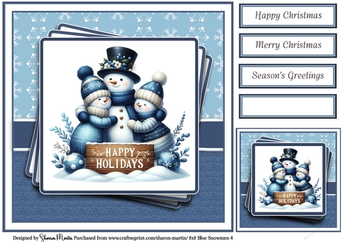 8x8 Blue Snowmen 4 Card Front, Gift Tag & Sentiments 