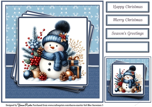 8x8 Blue Snowmen 5 Card Front, Gift Tag & Sentiments 