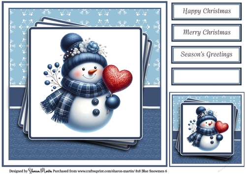 8x8 Blue Snowmen 6 Card Front, Gift Tag & Sentiments 
