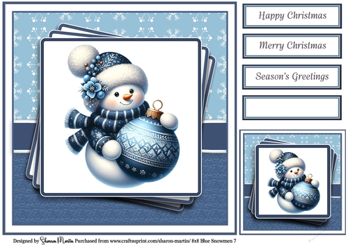 8x8 Blue Snowmen 7 Card Front, Gift Tag & Sentiments 