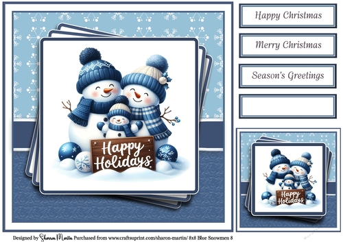 8x8 Blue Snowmen 8 Card Front, Gift Tag & Sentiments 