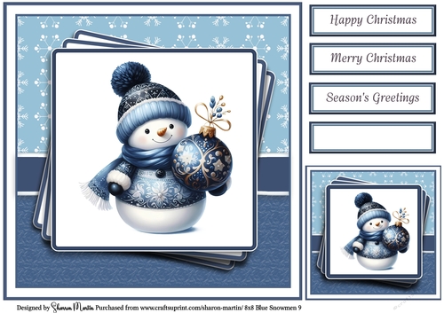 8x8 Blue Snowmen 9 Card Front, Gift Tag & Sentiments 