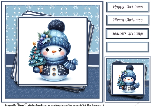 8x8 Blue Snowmen 10 Card Front, Gift Tag & Sentiments 