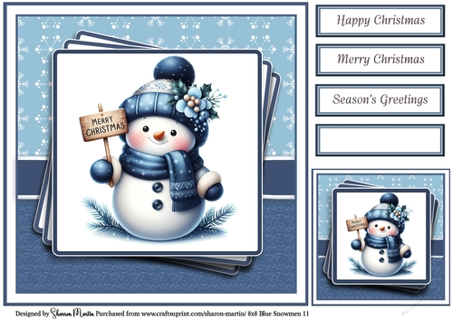 8x8 Blue Snowmen 11 Card Front, Gift Tag & Sentiments 