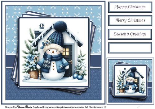 8x8 Blue Snowmen 12 Card Front, Gift Tag & Sentiments 