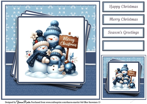 8x8 Blue Snowmen 13 Card Front, Gift Tag & Sentiments 