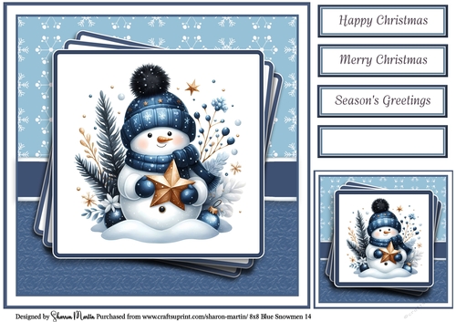8x8 Blue Snowmen 14 Card Front, Gift Tag & Sentiments 