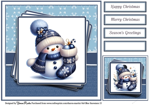 8x8 Blue Snowmen 15 Card Front, Gift Tag & Sentiments 