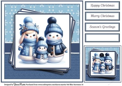 8x8 Blue Snowmen 16 Card Front, Gift Tag & Sentiments 