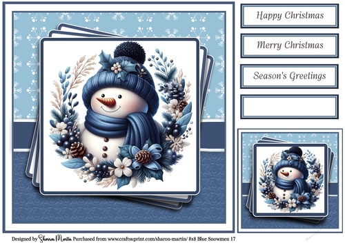 8x8 Blue Snowmen 17 Card Front, Gift Tag & Sentiments 