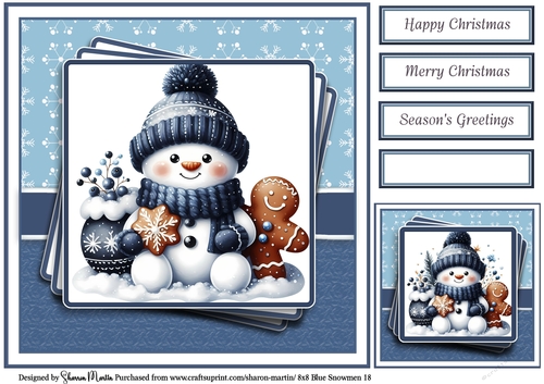 8x8 Blue Snowmen 18 Card Front, Gift Tag & Sentiments 