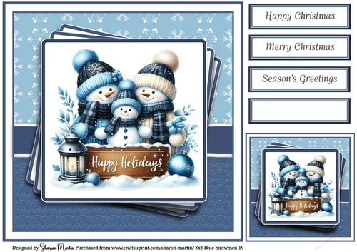 8x8 Blue Snowmen 19 Card Front, Gift Tag & Sentiments 