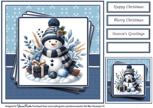 8x8 Blue Snowmen 20 Card Front, Gift Tag & Sentiments 