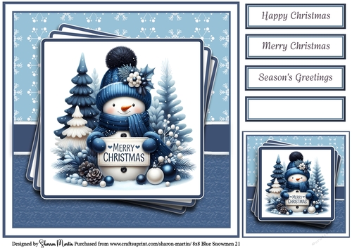 8x8 Blue Snowmen 21 Card Front, Gift Tag & Sentiments 
